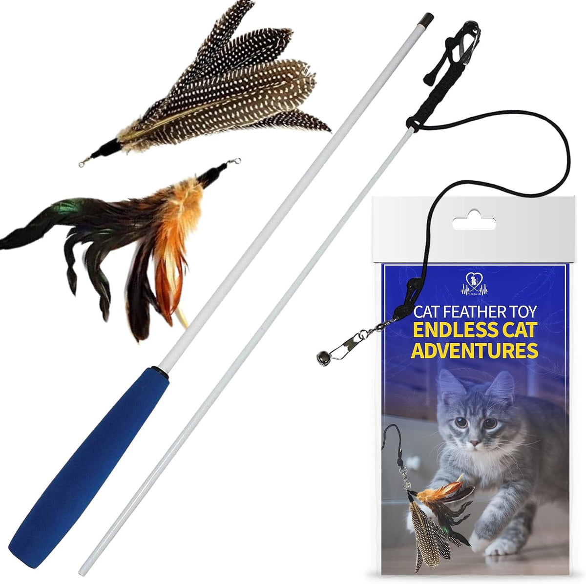 Pet Fit For Life Cat Feather Interactive Wand Toy Set - Wand + 2 Feathers, Browns