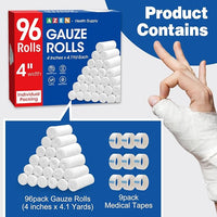 AZEN 96 Pack Gauze Rolls Bandages, 4 in x 4.1 Yards, Premium Medical Supplies & First Aid Supplies, Bandage Wrap Vet Wrap, Mummy Wraps