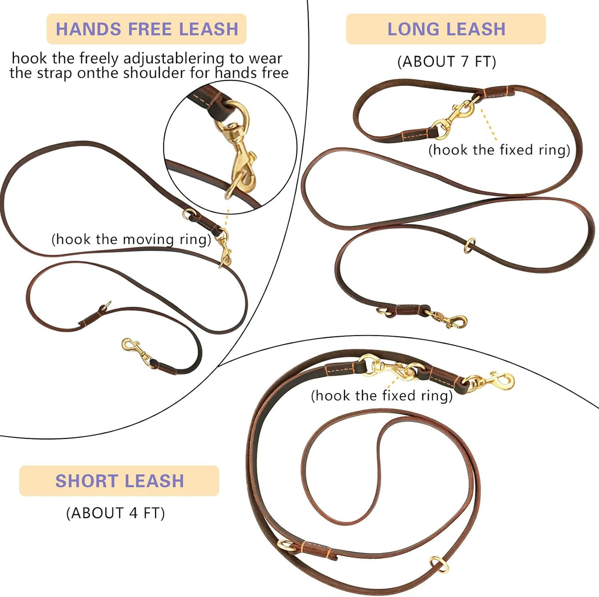 Hands Free Leather Dog Leash 8ft，Durable Genuine Leather Multi - image 4