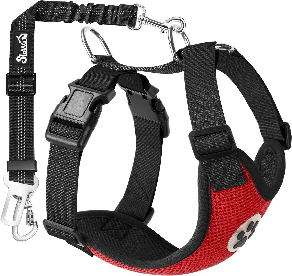 SlowTon Dog Seat Belt and Harness for Car, B M - Red / X-Small