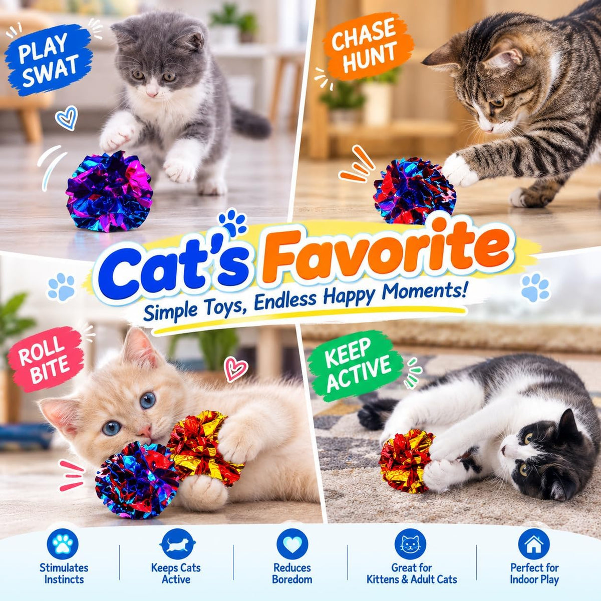 Cat Crinkle Ball Toys, Interactive Cat Toys for Swatting - 10 Packs - image 2