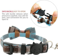 2 Pack/Set Cat Collar Breakaway with Cute Bow Tie and Bell for Kitty - Cyan-blue+Blue-gray / Plaid - image 3