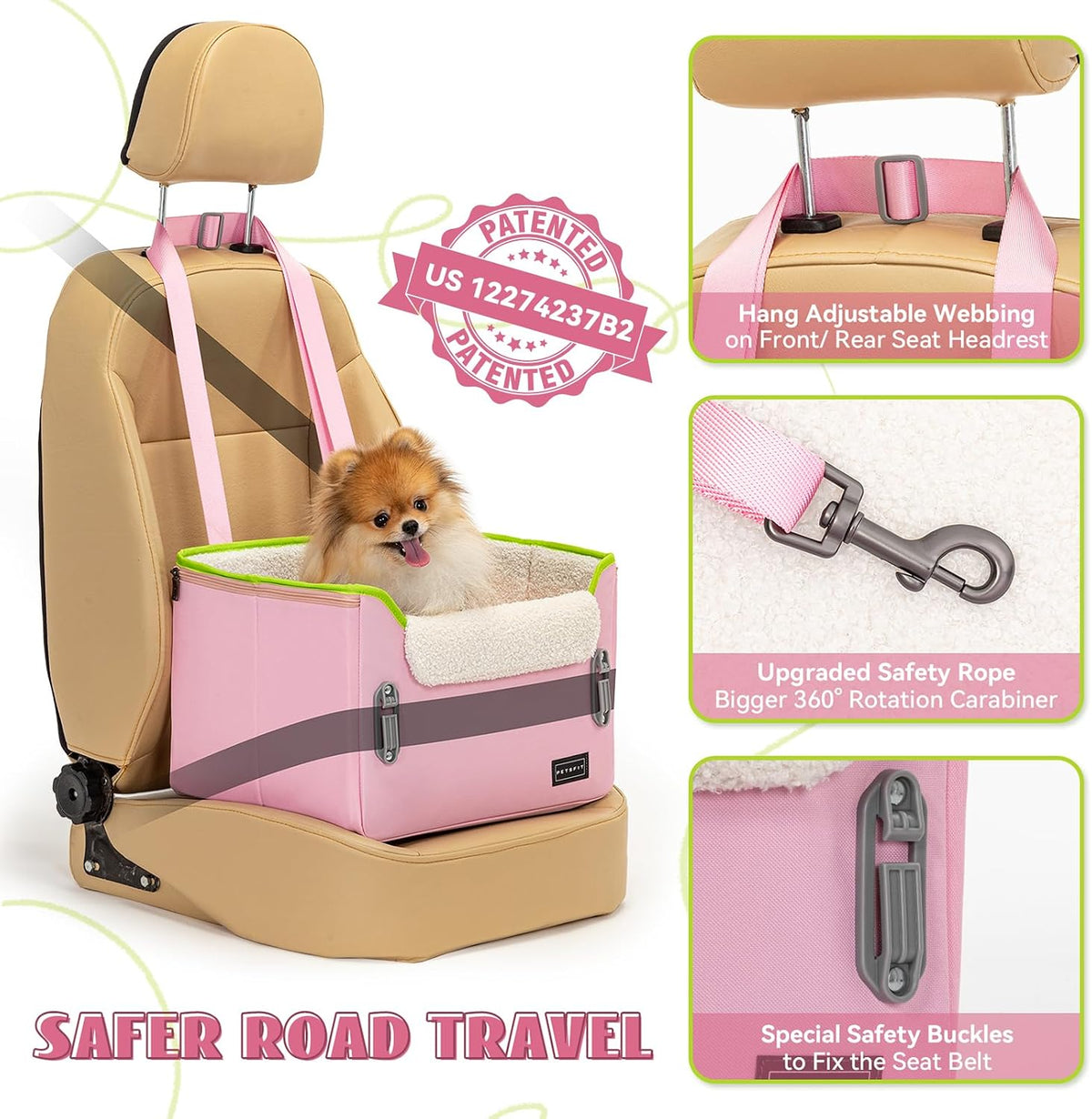 PETSFIT Dog Car Seats for Small Dogs, Patented Safety Buckles - Oxford Cloth / Pink - image 3