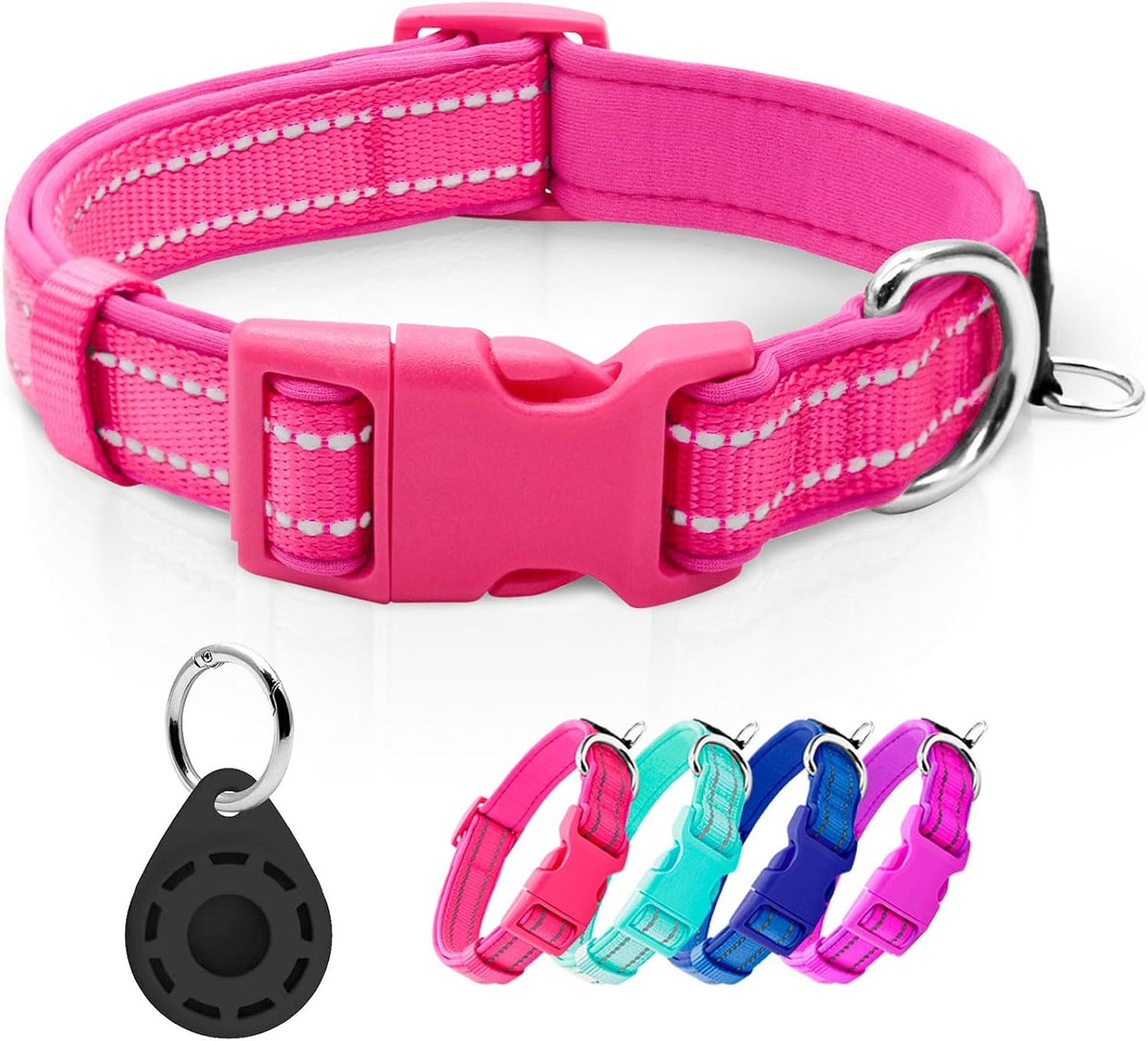 Reflective Dog Collar, Neoprene Padded Small Dog Collar, S - Large (Pack of 1) / 1#Hot Pink（with AirTag Holder）