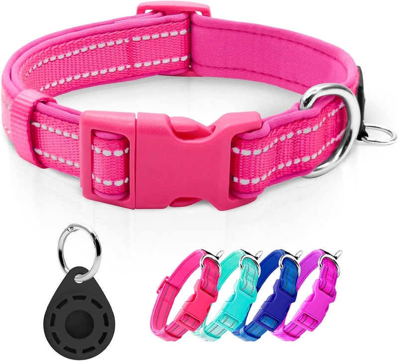 Reflective Dog Collar, Neoprene Padded Small Dog Collar, S - Large (Pack of 1) / 1#Hot Pink（with AirTag Holder）