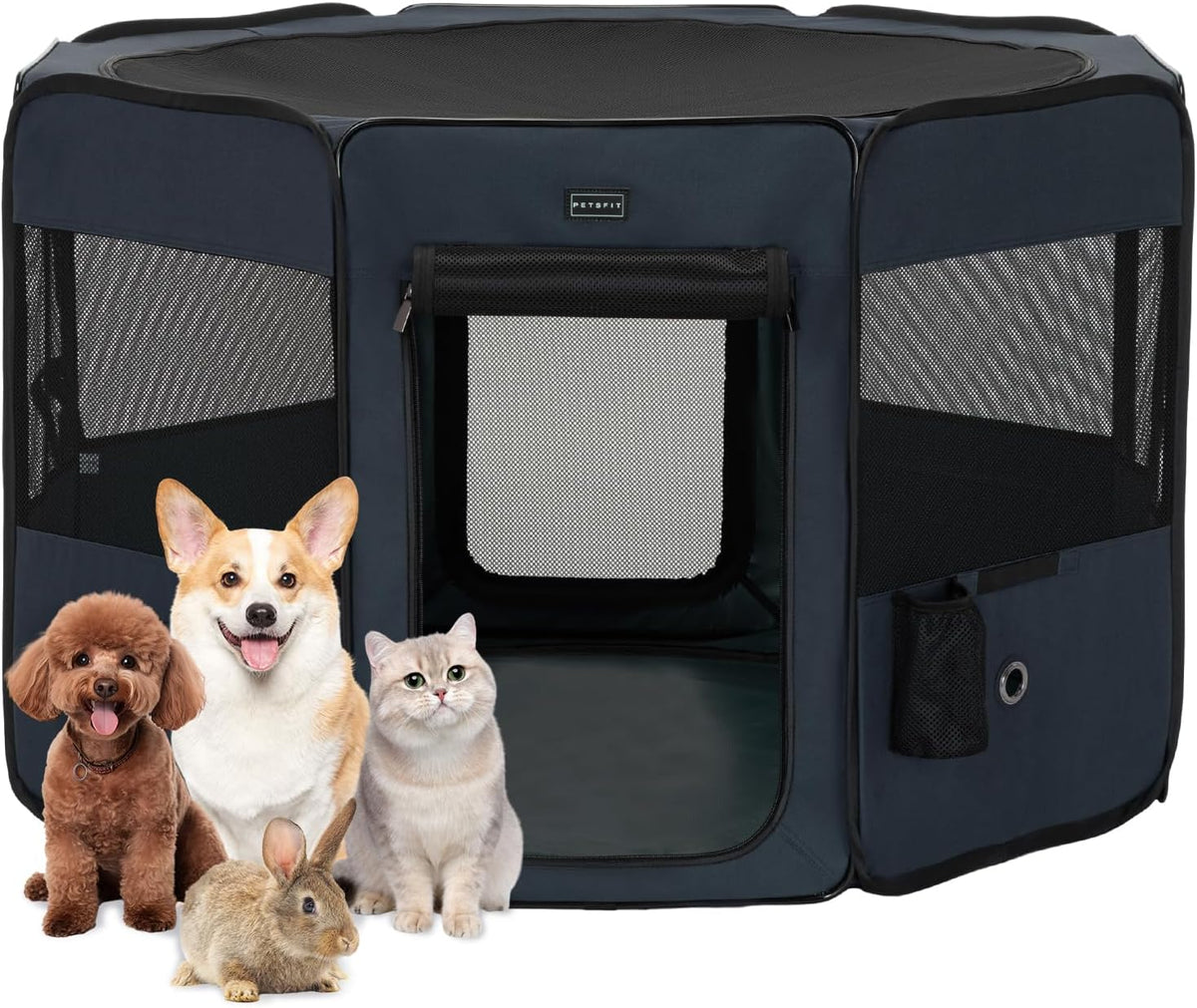 PETSFIT Portable Dog Playpen 36", Removable Waterproof Mat - Blue / Large (45.5"x45.5"x28.5", 2 Doors)