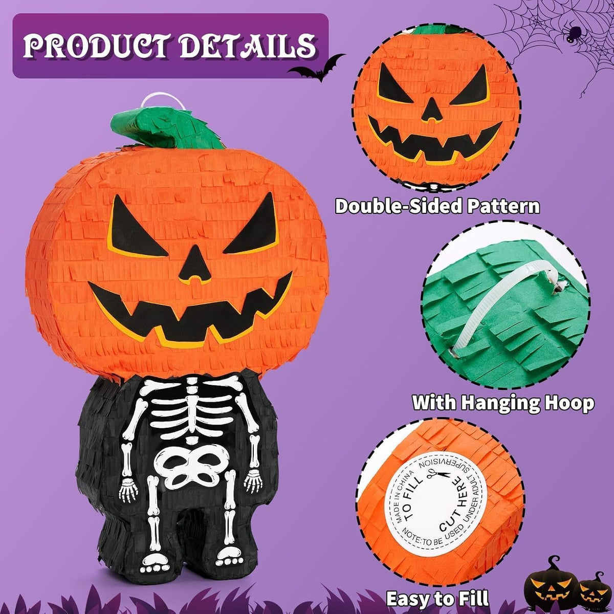 WERNNSAI Halloween skull pumpkin piñata in orange and black with spooky face - view 18