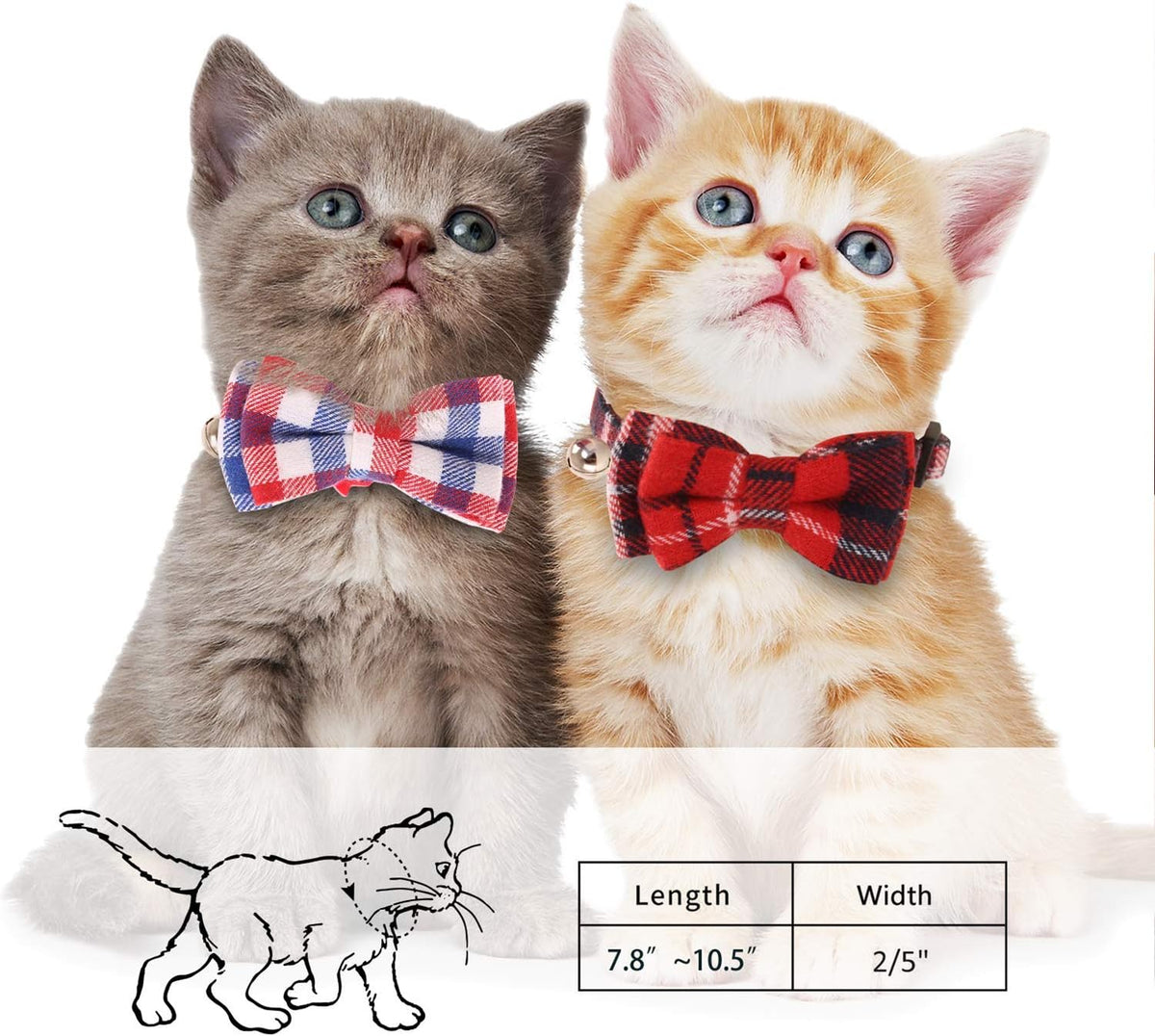 2 Pack/Set Cat Collar Breakaway with Cute Bow Tie and Bell for Kitty - Red+White / Plaid - image 2