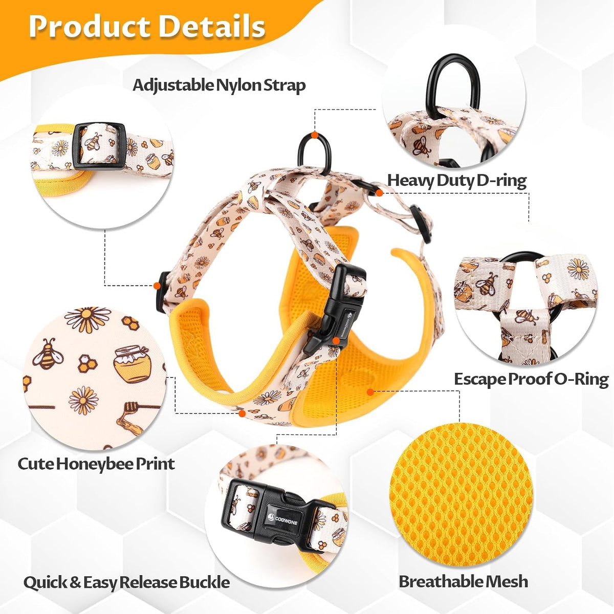 Dog Cat Harness and Leash Set - Honeybee / XS (Neck 9"-11"; Chest 11"-13") - image 3