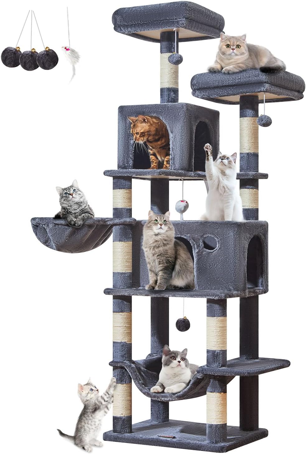Taoqimiao Cat Tree, 67 in Tall Cat Tower with 2 Plush Cat Condos – Essentials for Cats - 73 inches / Smoky Gray