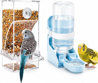 No-Mess Automatic Bird Feeder, Parakeet Cage Accessories – Essentials for Birds - White Feeder + Blue Drinking Bottle
