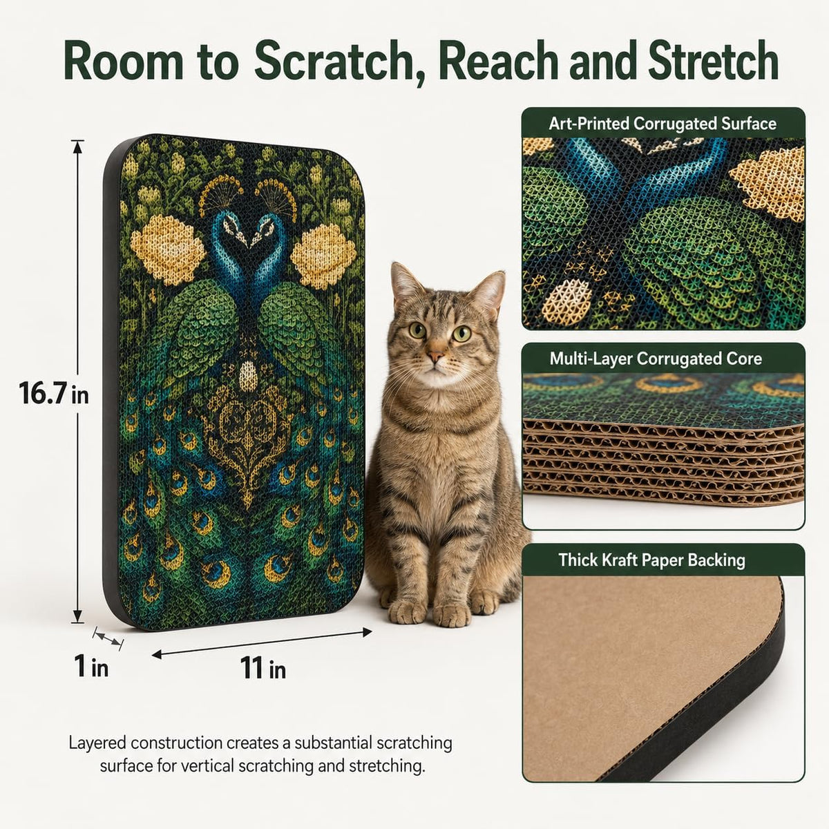 Cat Wall Scratcher, Art Cat Scratching Board for Indoor Cats – Essentials for Cats - Peacock - image 2