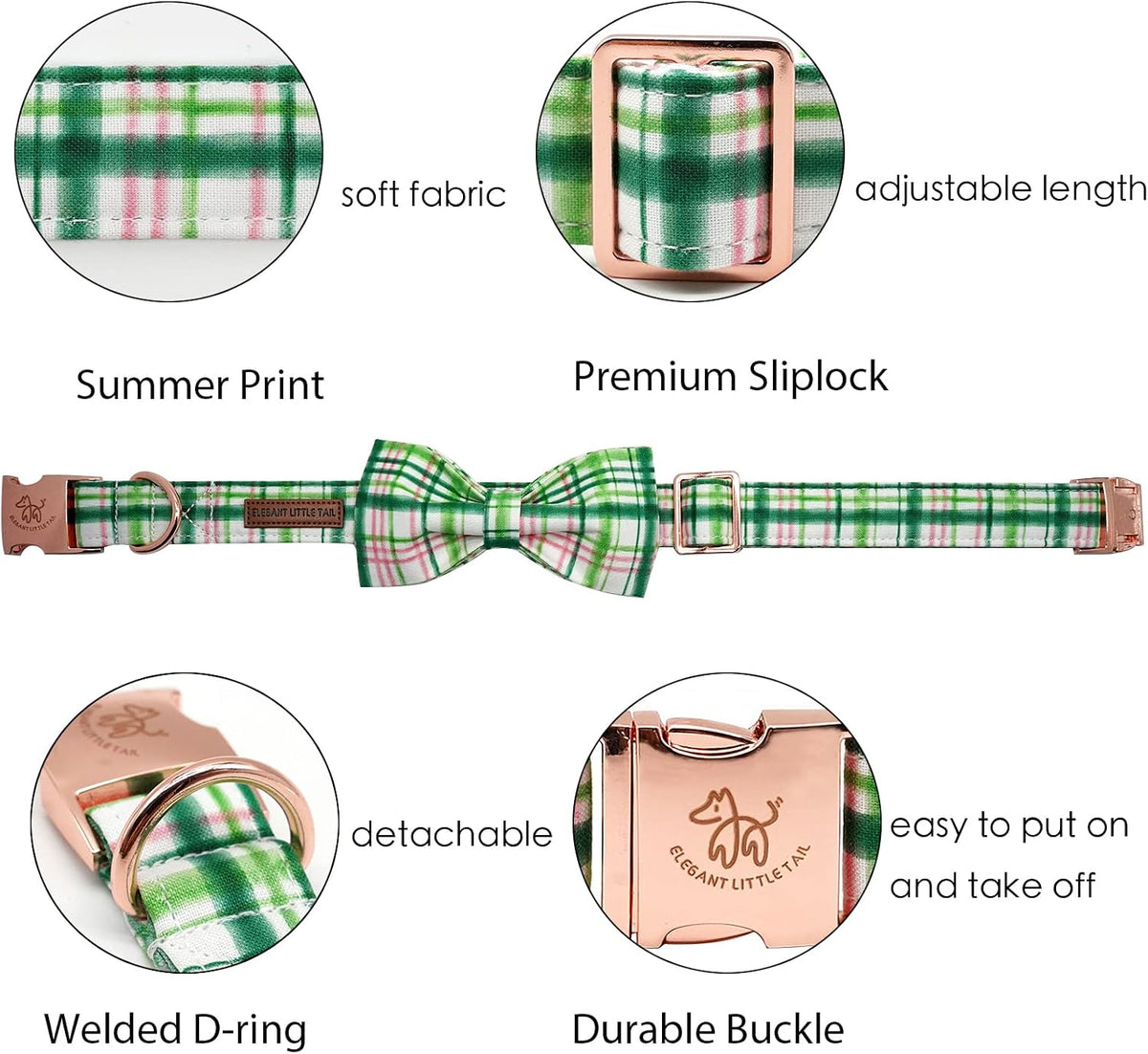 Dog Collar with Bow, Elegant Little Tail Blue Plaid Boy Dog Collar Cute Bow – Essentials for Dogs - Pink&Green / Small (Pack of 1) - image 2