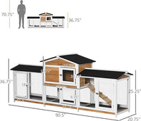 PawHut 90.5" Wooden Rabbit Hutch Bunny Cage Pet Playpen House Enclosure with Double Side Run Boxes, No Leak Tray, Ramp, for Rabbits, Chickens, Ducks, Guinea Pig and Small Animals, White