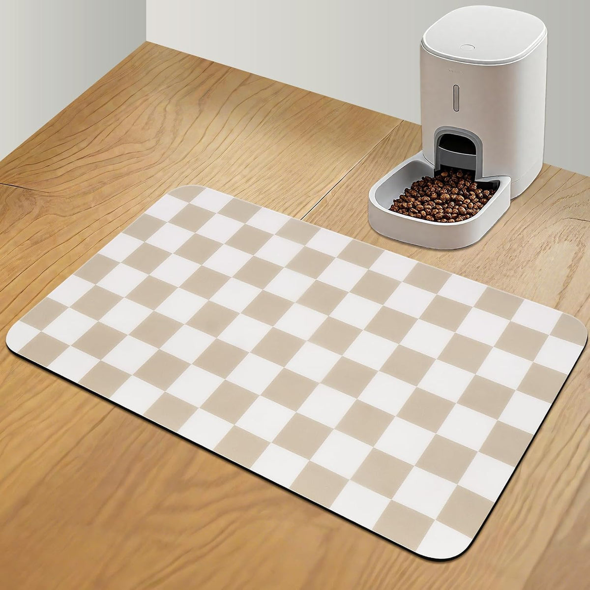 CooRug Checkered Dog Food Mat, Pet Feeding Mat 20" L x 12" W - Beige / 24"L x 16"W