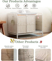 Cat Litter Box Enclosure Furniture with Divider, Handwoven Rattan Litter Box with Mat, 31.2 x 19.6 x 24.2 Inches, Metal Heightened Feet, Hidden Cat House for Living Room, Bedroom (White)