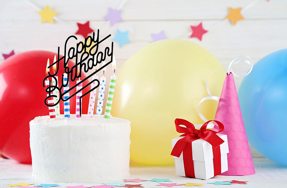 Black acrylic Happy Birthday cake topper on a frosted birthday cake - view 18