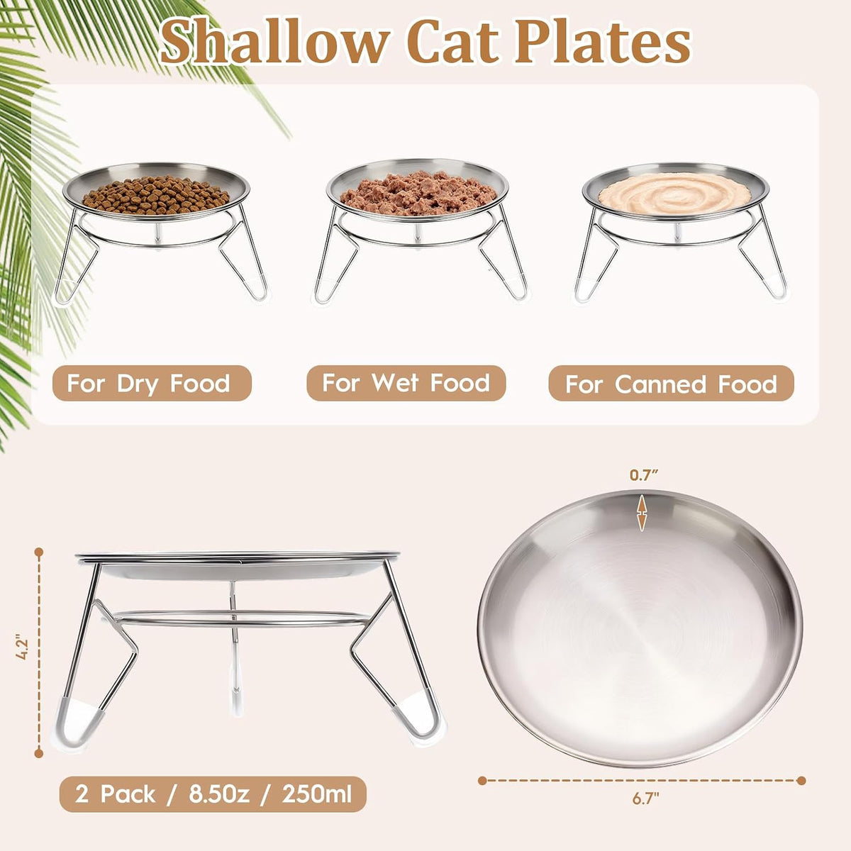 Elevated Cat Bowls,6.7" Extra Wide Raised Stainless Steel Cat Food Bowls with Anti-Slip Metal Stand - 2 plates with stand - image 3