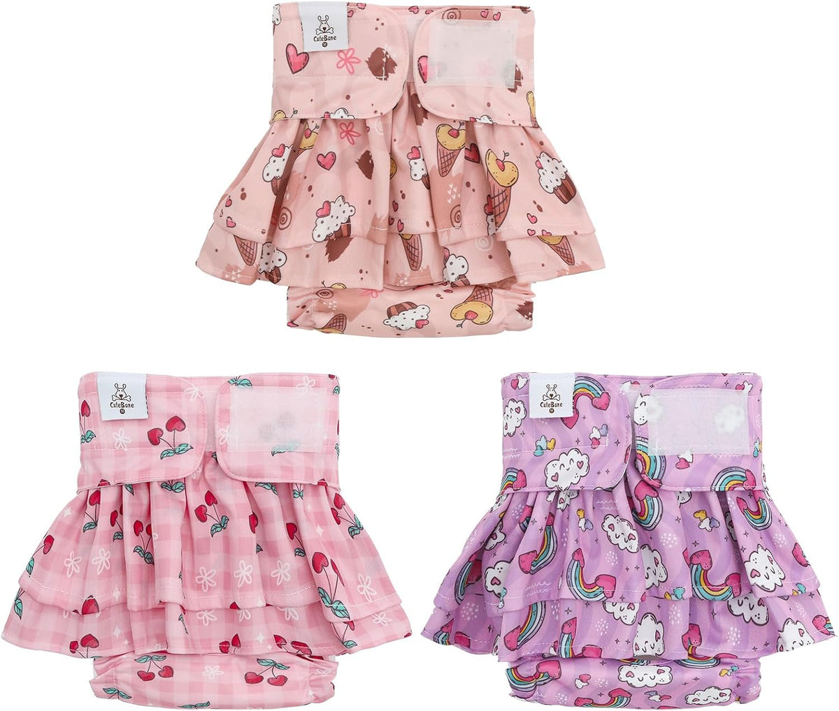 CuteBone Female Dog Diapers with Skirts 3 Pack Reusable Puppy Dresses - Cherry&rainbow&dessert skirts / XL
