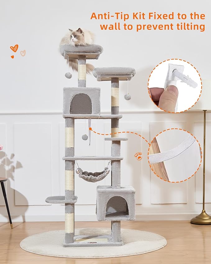 Taoqimiao Cat Tree, 68-Inch Cat Tree Cat Tower for Indoor Cats, Plush Multi-Level Cat Condo with 6 Scratching Posts, 2 Perches, 2 Caves,Hammock, 3 Pompoms,MS020SW Light Gray