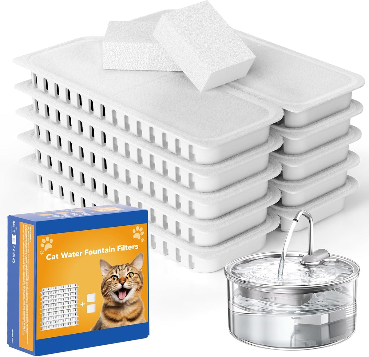 Tomxcute Official Glass Cat Water Fountain Replacement Filters-10+2 - 10 Filters+2 Sponges (6 month set)