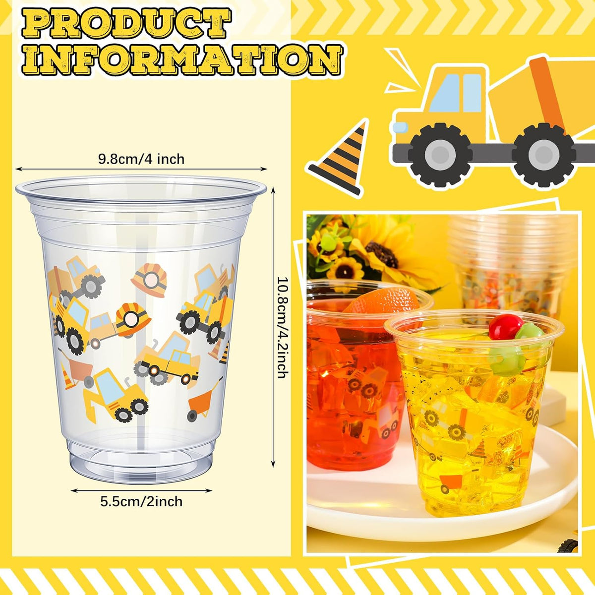 Uiifan construction party cups, 50 plastic 12 oz cups with excavator and crane prints - view 3