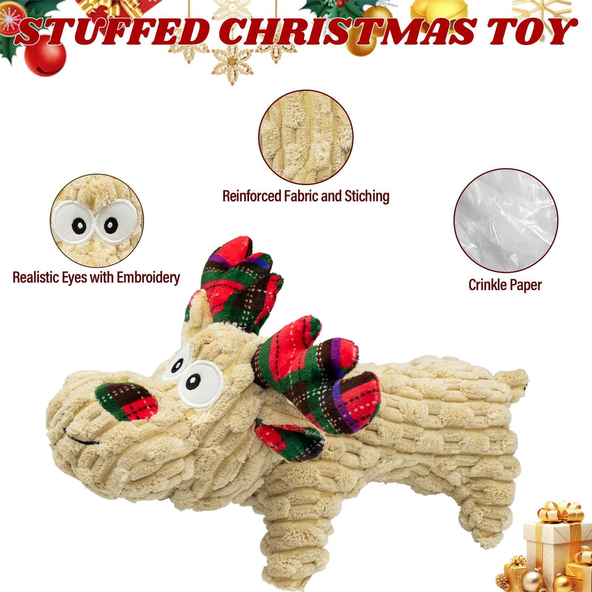 Squeaky Monkey Dog Toy for Large Dogs – Essentials for Dogs - Christmas Deer Wide Velvet - image 2