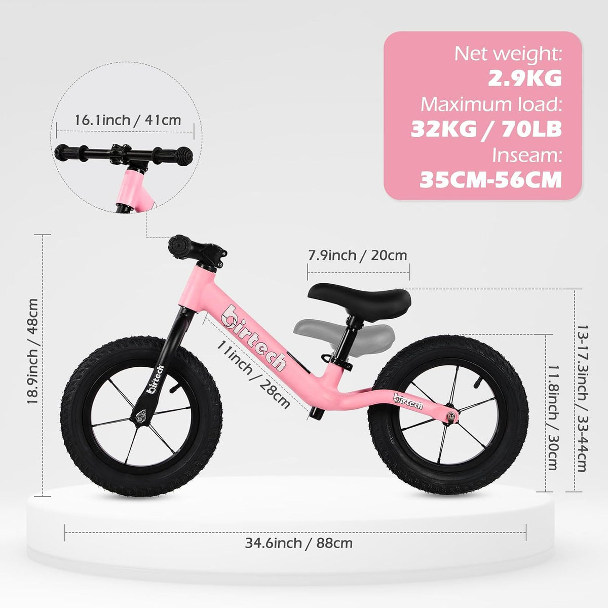 Birtech 12 inch balance bike with air rubber tires, U-shaped footrest and aluminum handlebar - view 5