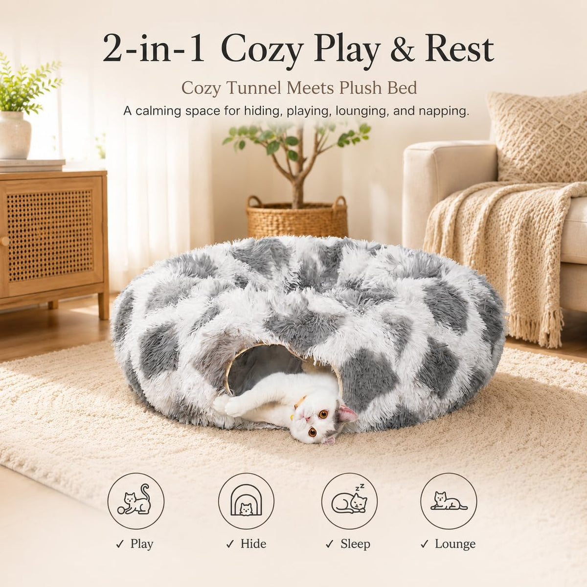 Warm Fluffy Plush Cat Dog Tunnel Bed Under Christmas Tree Big Tube - Light Grey - image 2