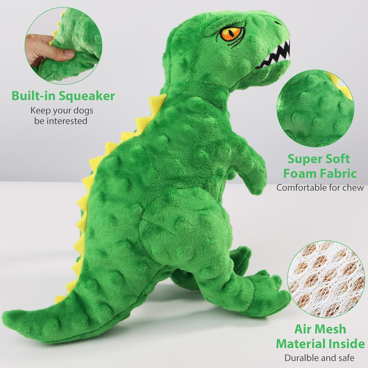 Squeaky Dog Toys for Large Dogs, Tough Tug of War Puppy Toy - Green / Dinosaur - image 3