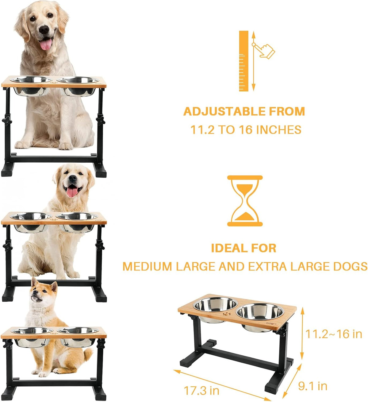 HTB Elevated Dog Bowls, Adjustable Pet Bowl Stand - Metal&Bamboo-11.2" to 16"H - image 3