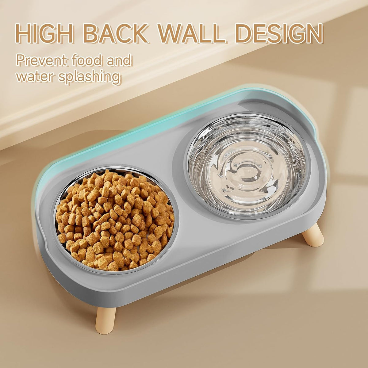 Elevated Cat Bowl, Raised Cat Food and Water Bowl Set for Indoor Cats, Splash Proof with 2 - Cat Bowls-Grey - image 2