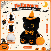 MUFEIRUO Halloween black cat plush holding pumpkin bag, wearing orange witch hat - view 39