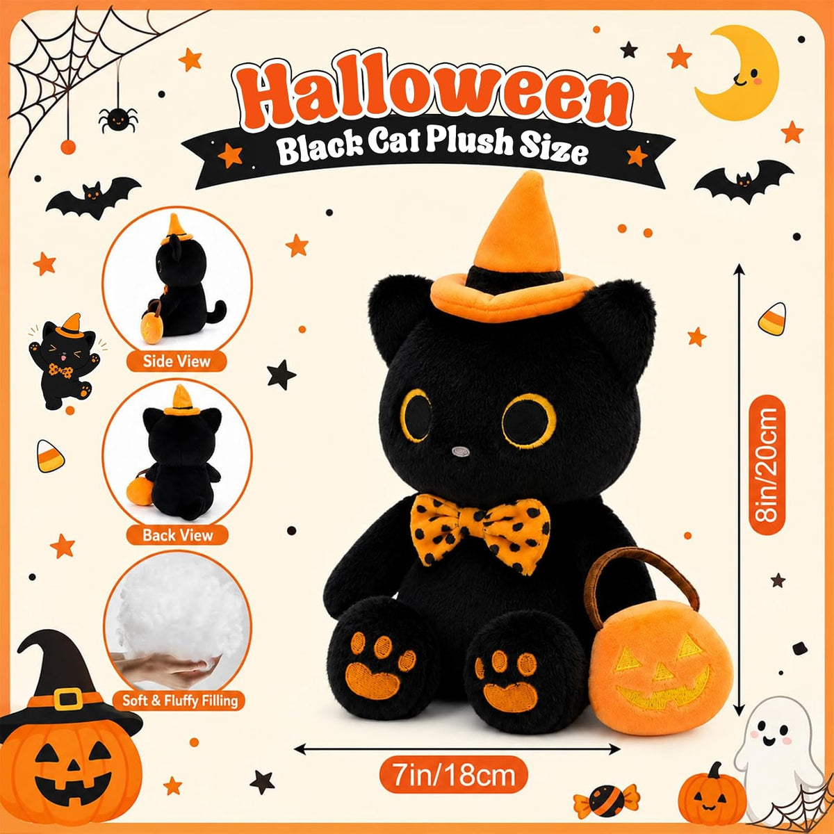 MUFEIRUO Halloween black cat plush holding pumpkin bag, wearing orange witch hat - view 39
