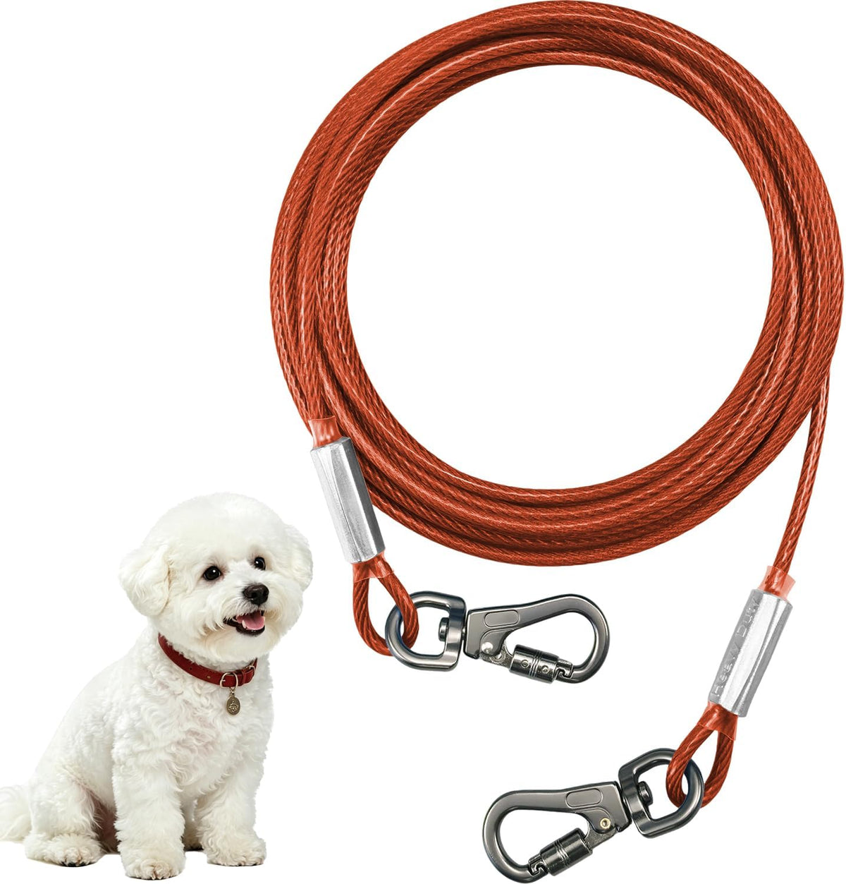 Dog Tie Out Cable, Chew Proof Steel Wire Lead - Red / 45lbs/10ft