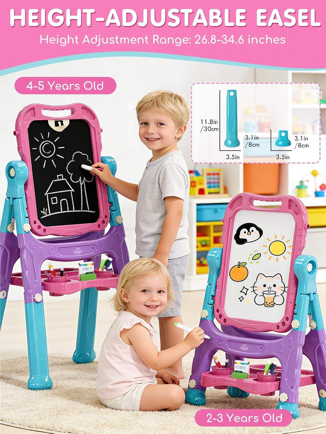 Lehoo Castle Easel for Kids 3-5, Magnetic Chalkboard Whiteboard – Fun for Kids & Family - Blue, Purple, Pink - image 2
