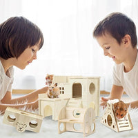 Hamster Toys 5-Piece Set ，Hamster House, Swing, Climbing Ladder, Seesaw & Exercise Wheel，Pet DIY Sport Exercise Toys Set, Small Animal Habitat Accessories ，Gerbils, Mice（Natural Wood）