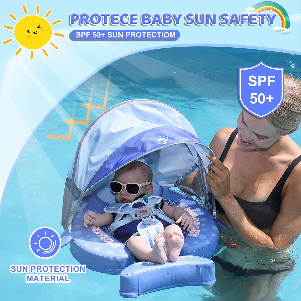Mambobaby Baby Float with Canopy & Tail Non-Inflatable Baby Swim - SHARK BLUE - image 3