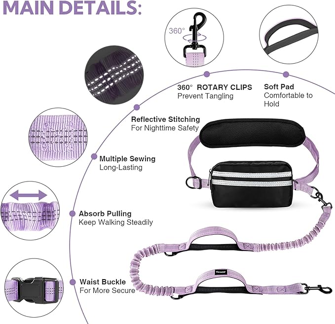 Hands Free Dog Leash with Pouch, Double Leash for Two Dogs, Retractable Bungee with Double Padded Handles, Dog Waist Leash for Dog Walking, Running Leash for Dogs, Dog Walking Accessories