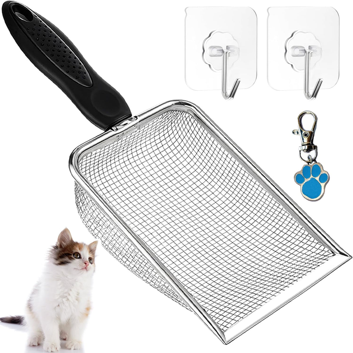 Cat Litter Scoop, Stainless Steel Cats Sturdy Mesh Scooper Kitty Metal Scooper Long Handle Scooper - 3.8mm Cat Litter Scoop