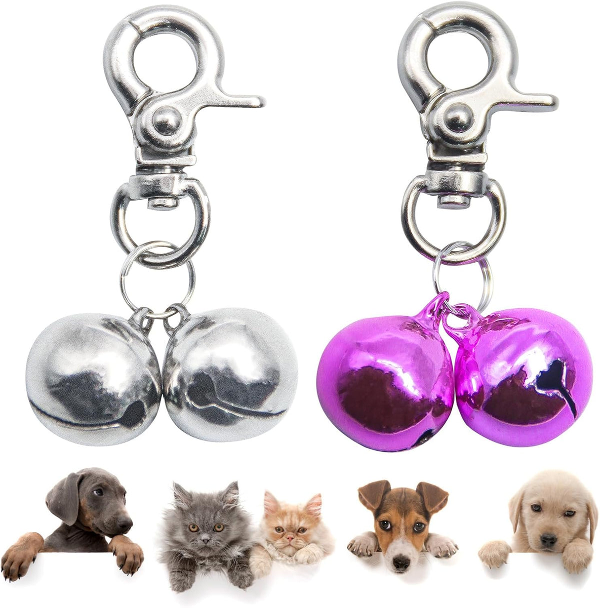 Bells for Dog Collars - 2 Pack Pet Hanging Ring Bell Accessories for Dog & Cat, Pet Pendant Collar - Silver & Purple - Gloss / Small