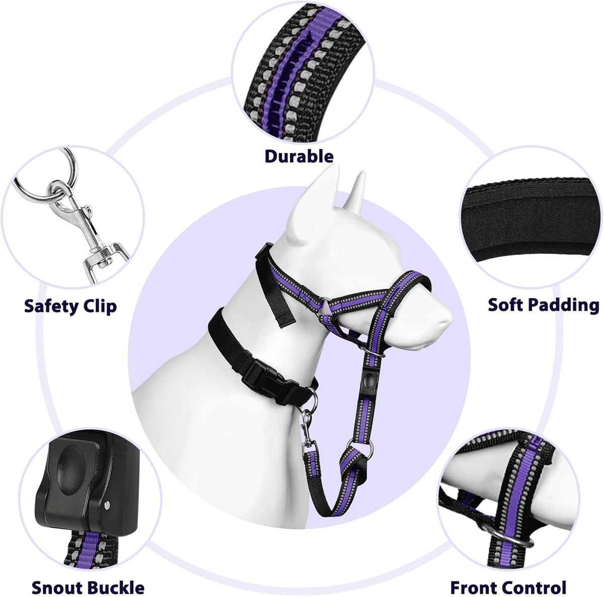 Soft Dog Head Collar, Patented Padded No Pull Training Head Halter – Essentials for Dogs - Purple / L (Snout 9.5"-14") - image 2