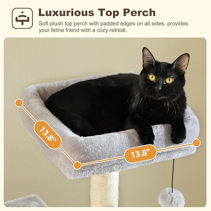 Cat Tree for Indoor Cats, 62-Inch Multi-Level Cat Tower with Scratching Posts for Large Cats, 2 Bigger Plush Condos, Padded Platform, Soft Cat Bed and Scratching Pad, 2 Pompoms, Gray