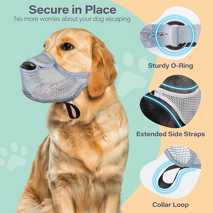 LUCKYPAW Dog Muzzle for Large Medium Small Dogs, Patented Mesh Muzzle to Prevent Biting Chewing Eating, Soft Mouth Guard with Front Opening Design for Drinking Panting(Grey, XL)
