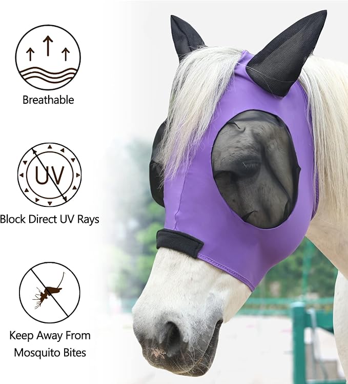 Horse Fly Mask with Ears - Large Eye Space for Full Vision, Breathable Stretch Comfort Fit, UV Protection, Forelock Opening, Easy Pull-On Violet Cob