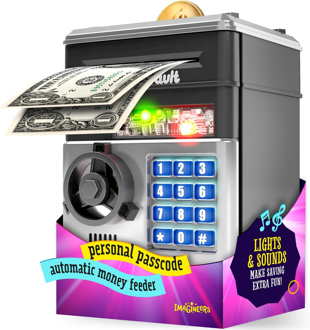 Piggy Bank for Kids, Electronic Money Saving Box w/Code - Black & Silver