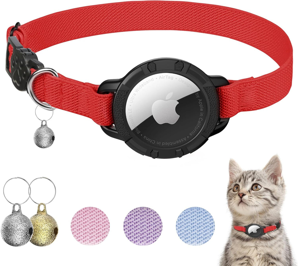AirTag Cat Collars, Stretchy Collar with Air Tag Holder and Bell – Essentials for Cats - Red