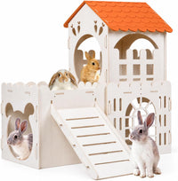 Large Rabbit House, Wooden Bunny Castle with 3 Houses Indoor - 3 Houses Color Roof