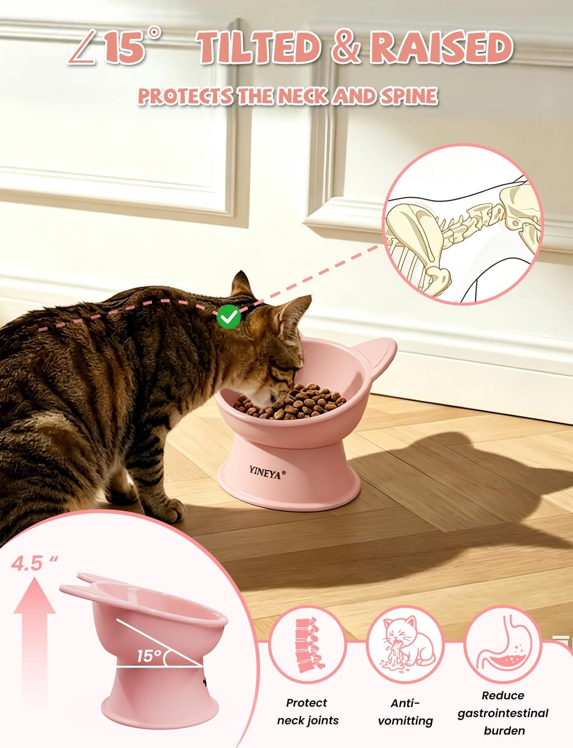 YINEYA 2 Pack Cat Food Bowls Elevated Design for Neck Comfort - Pink - image 2