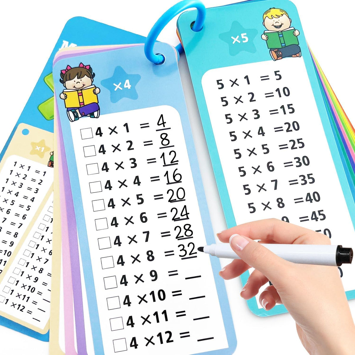 Anemeeoke 1-12 multiplication flash cards with dry erase markers and binder ring